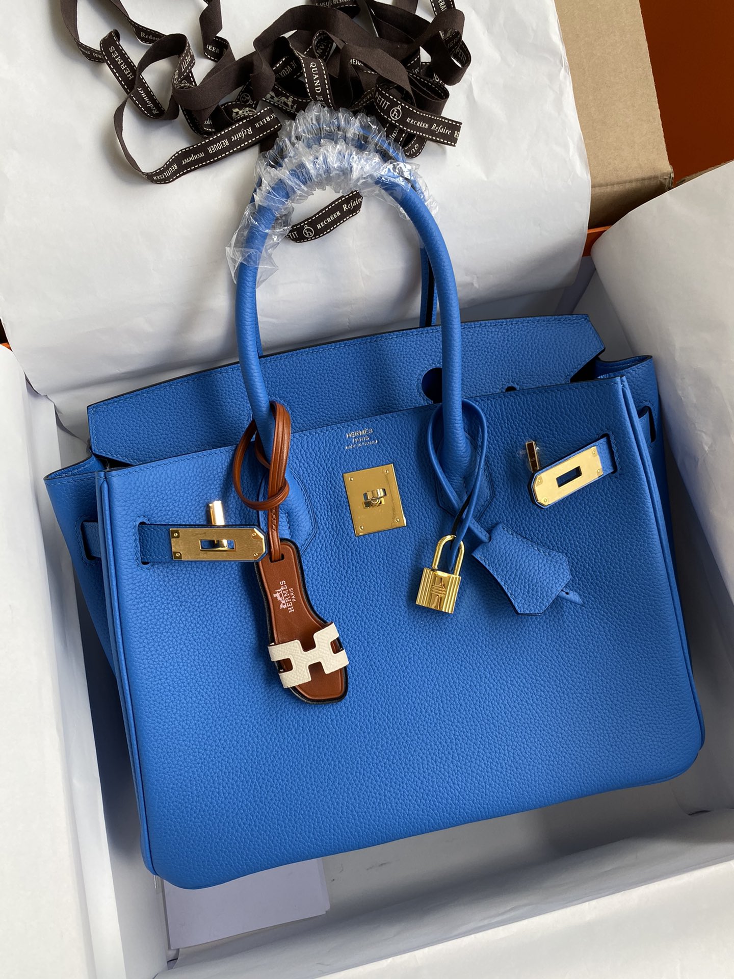 Hermes Birkin 30CM Togo Leather Handbag Blue Hydra